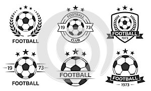 Football logo set with a ball. Soccer club or team emblem, badge, icon design. Sport tournament, league, championship label.